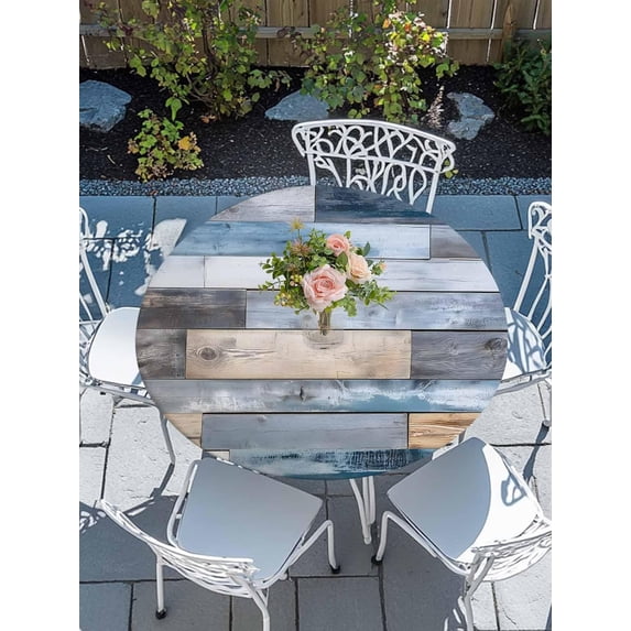 Round Fitted Tablecloth with Elastic Edge - Vintage Farmhouse Wood Grain Table Cloth for 36"-44" Circle Tables,Waterproof Oil-Proof Table Cover for Outdoor Picnic Party Events, Retro Old Rural Wooden