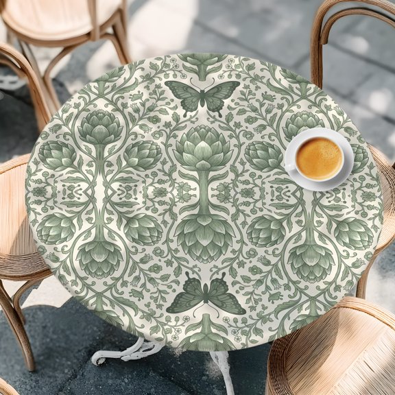 Round Fitted Tablecloth with Elastic Edge, Vintage Green Flower Butterfly Waterproof Oil-Proof Table Cover, Country Retro Botanical Theme Circle Table Cloth for Indoor Outdoor Picnic Party 36"x44"