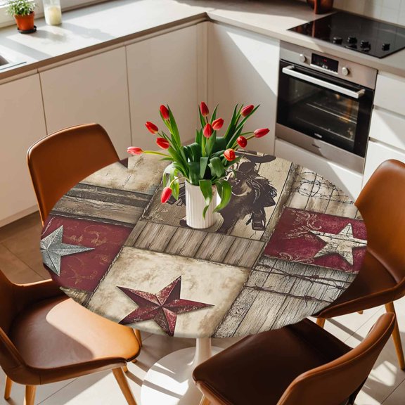 Round Fitted Tablecloth with Elastic Edge, Vintage Texas Western Country Star Fitted Table Cloth for Round Tables, Cowboy Horse Wooden Plank Waterproof Tablecloth for Outdoor Picnic Party 36-44in