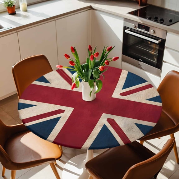 Round Fitted Tablecloth with Elastic Edge, Vintage Union Jack Flag Fitted Table Cloth for Round Tables, Reerto Flags Of The United Kingdom Waterproof Tablecloth for Outdoor Picnic Party 36-44in
