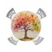 Round Fitted Tablecloth with Elastic Edge, Vintage Watercolor Tree Waterproof Oil-Proof Wipeable Tablecloth Decorative Table Cover for Indoor/Outdoor, Fit 36" - 44" Round Table
