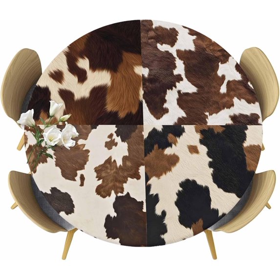 Round Fitted Tablecloth with Elastic Edge Vintage Western Cow Skin Texture Table Cloth for 36"-44" Circle Tables,Waterproof Oil-Proof Table Cover for Outdoor Picnic Party,Farmhouse Cowhide Speckles