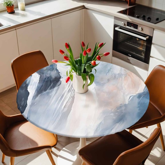 Round Fitted Tablecloth with Elastic Edge, Watercolor Art Abstract Waterfall Fitted Table Cloth for Round Tables, Natural Cliff Scenery Waterproof Tablecloth for Outdoor Picnic Party 36-44in