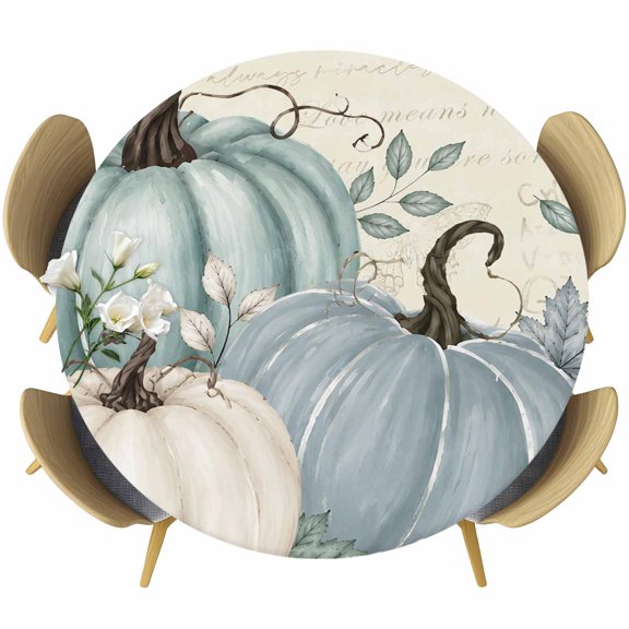 Round Fitted Tablecloth with Elastic Edge, Watercolor Autumn Pumpkin Waterproof Oil-Proof Table Cover, Thanksgiving Leaves Letter Back Circle Table Cloth for Indoor Outdoor Picnic Party 55"x60"