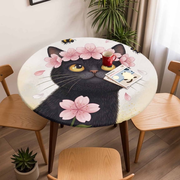 Round Fitted Tablecloth with Elastic Edge, Watercolor Black Funny Kitty Fitted Table Cloth for Round Tables, Farm Pink Flowers Bees Waterproof Tablecloth for Outdoor Picnic Party 45-54in