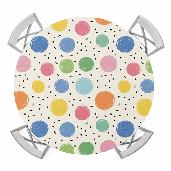 Round Fitted Tablecloth with Elastic Edge, Watercolor Dots Waterproof Table Cloth Table Cover for 45"-54" Tables, Colorful Polka Dot Abstract Sprinkles Tablecloths for Dining Picnic Party Outdoor