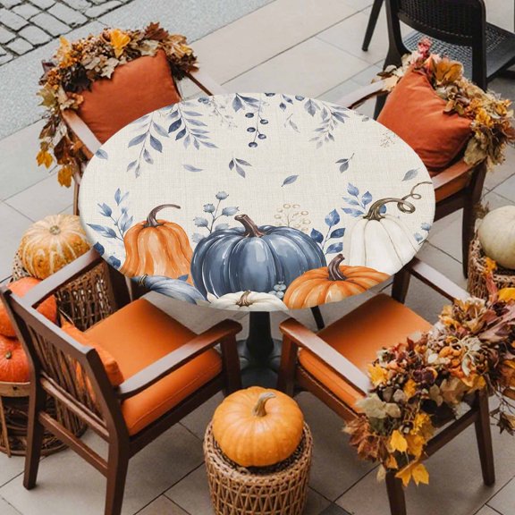 Round Fitted Tablecloth with Elastic Edge, Watercolor Fall Pumpkin on Burlap Waterproof Oil-Proof Table Cover, Farm Leaves Berry Plant Circle Table Cloth for Indoor Outdoor Picnic Party 36"x44"