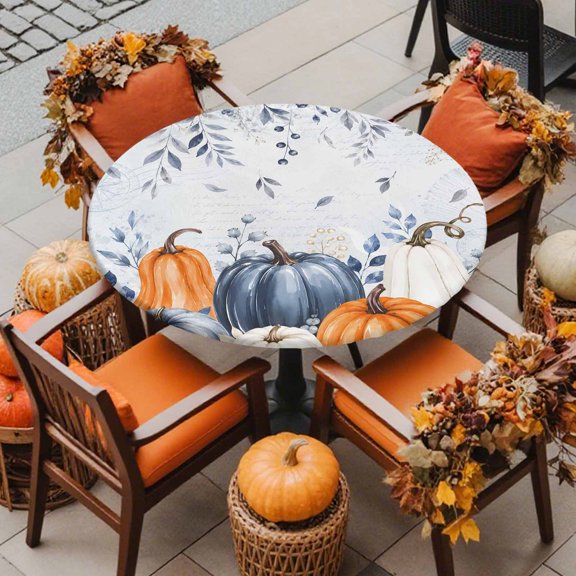 Round Fitted Tablecloth with Elastic Edge, Watercolor Fall Pumpkin Leaves Waterproof Oil-Proof Table Cover, Farm Thanksgiving Harvest Circle Table Cloth for Indoor Outdoor Picnic Party 36"x44"