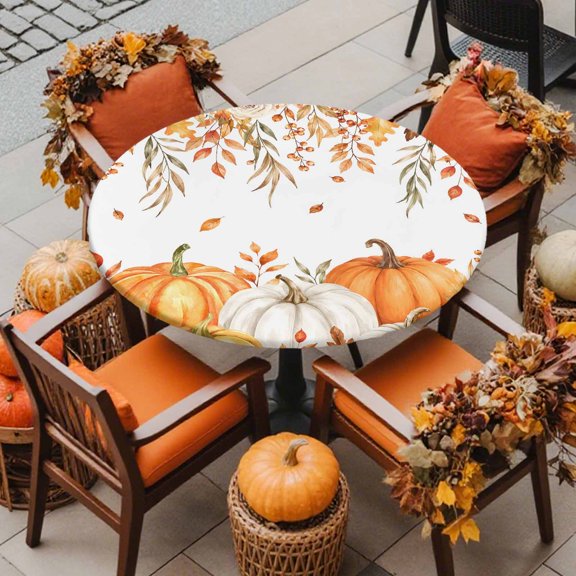 Round Fitted Tablecloth with Elastic Edge, Watercolor Fall Pumpkin Leaves Waterproof Oil-Proof Table Cover, Thanksgiving Flower Berry Circle Table Cloth for Indoor Outdoor Picnic Party 36"x44"