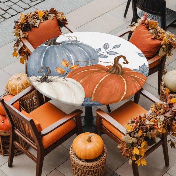 Round Fitted Tablecloth with Elastic Edge, Watercolor Fall Pumpkin Leaves Waterproof Oil-Proof Table Cover, Thanksgiving Maple Leaf Circle Table Cloth for Indoor Outdoor Picnic Party 36"x44"