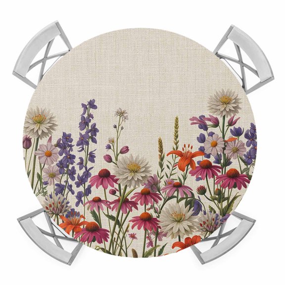 Round Fitted Tablecloth with Elastic Edge, Watercolor Floral Waterproof Table Cloth Table Cover for 36"-44" Tables, Spring Daisy Lily Lavender Garden Beige Tablecloths for Dining Picnic Party Outdoor