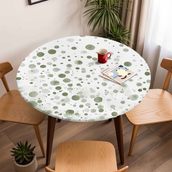 Round Fitted Tablecloth with Elastic Edge, Watercolor Green Polka Dot Fitted Table Cloth for Round Tables, Abstract Geometric Pattern Waterproof Tablecloth for Outdoor Picnic Party 45-54in