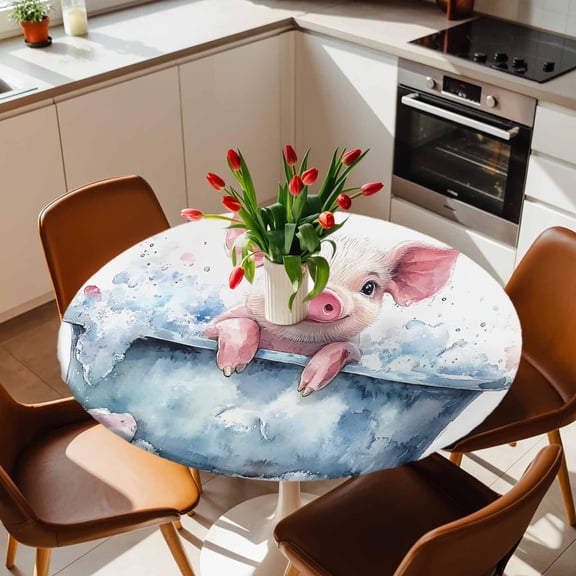 Round Fitted Tablecloth with Elastic Edge, Watercolor Pink Pig Bathtub Fitted Table Cloth for Round Tables, Abstract Funny Animal Bath Art Waterproof Tablecloth for Outdoor Picnic Party 36-44in