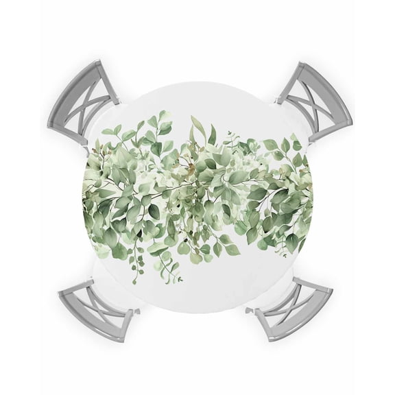Round Fitted Tablecloth with Elastic Edge, Watercolor Plants Eucalyptus Leaves Sage Green Waterproof Oil-Proof Wipeable Tablecloth Table Cover Decor for Indoor/Outdoor, Fit 36" - 44" Round Table