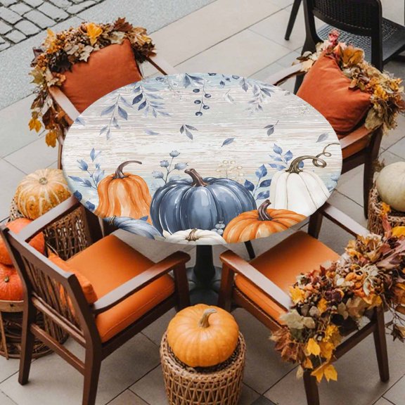 Round Fitted Tablecloth with Elastic Edge, Watercolor Thanksgiving Pumpkin Waterproof Oil-Proof Table Cover, Fall Leaves on Wood Plank Circle Table Cloth for Indoor Outdoor Picnic Party 36"x44"