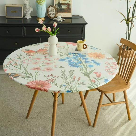 Round Fitted Tablecloth with Elastic Edge, Waterproof Oil Proof Plastic Table Cover, Vinyl Flannel Backed Table Cloth Fits 48 Inch Round Tables for Dinner, Outdoor, Picnic, Flowers