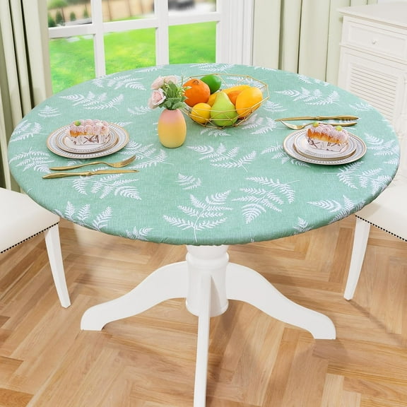 Round Fitted Tablecloth with Elastic Edge, Waterproof Oil Proof Plastic Table Cover, Vinyl Flannel Backed Tablecloth Fits 36"-44" Round Tables for Dinner, Outdoor, Picnic, Light Green Leaves