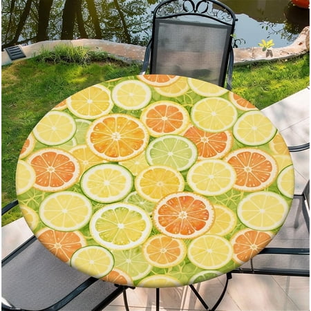 Round Fitted Tablecloth with Elastic Edge, Waterproof Stain Resistant Fabric Table Cover for 36"-65" Round Table, Indoor Outdoor Dining, Kitchen Decor, Camping, Holiday, Party