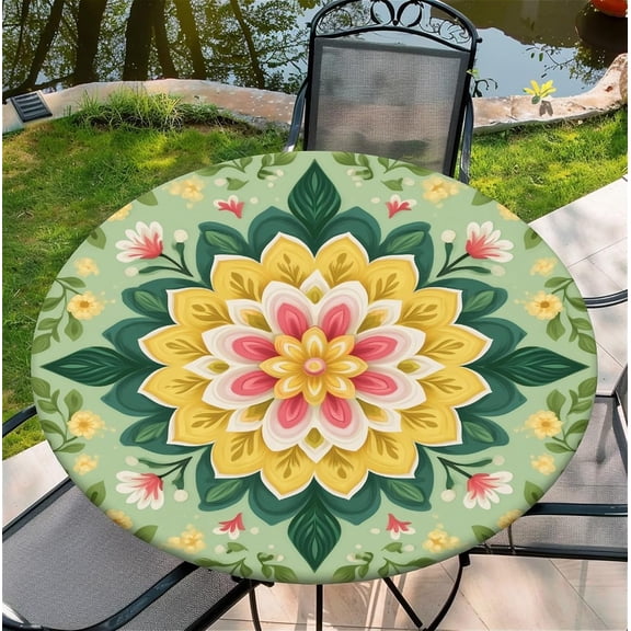 Round Fitted Tablecloth with Elastic Edge, Waterproof Stain Resistant Fabric Table Cover for 36"-65" Round Table, Indoor Outdoor Dining, Kitchen Decor, Camping, Holiday, Party