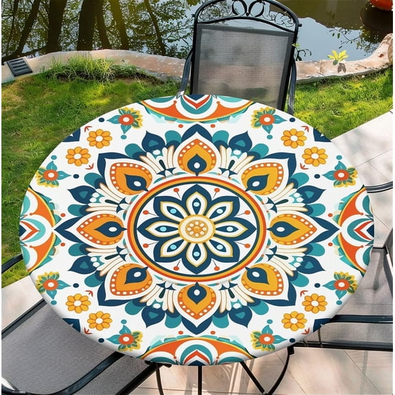 Round Fitted Tablecloth with Elastic Edge, Waterproof Stain Resistant Fabric Table Cover for 36"-65" Round Table, Indoor Outdoor Dining, Kitchen Decor, Camping, Holiday, Party