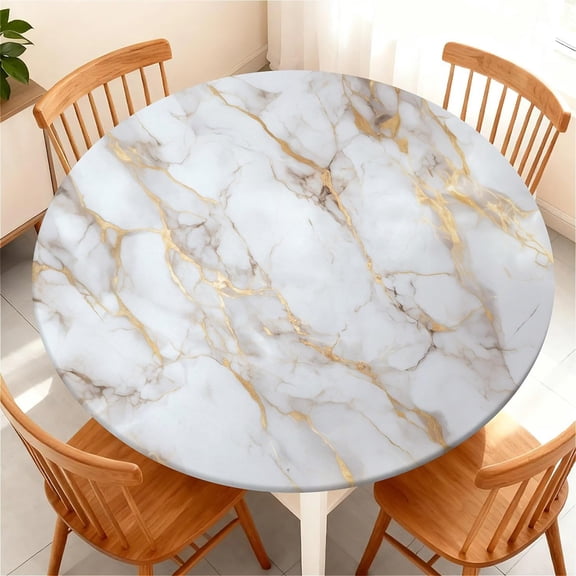 Round Fitted Tablecloth with Elastic Edge, Waterproof Stain Resistant Fabric Table Cover for 36"-65" Round Table, Indoor Outdoor Dining, Kitchen Decor, Camping, Party, Holiday