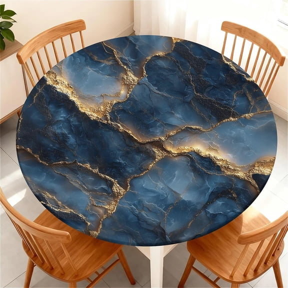 Round Fitted Tablecloth with Elastic Edge, Waterproof Stain Resistant Fabric Table Cover for 36"-65" Round Table, Indoor Outdoor Dining, Kitchen Decor, Camping, Party, Holiday