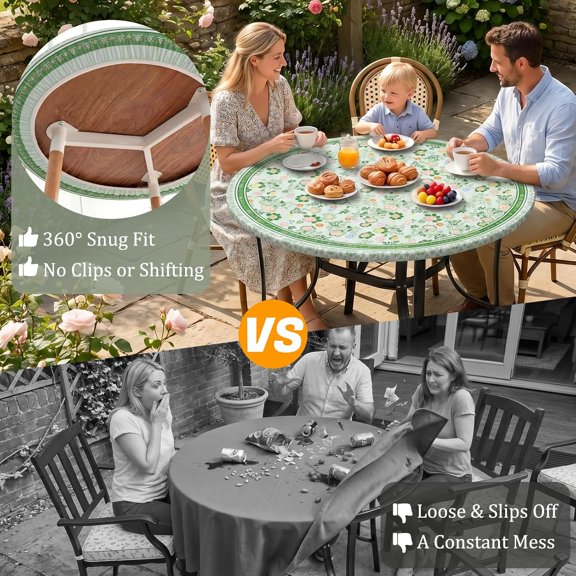 Round Fitted Tablecloth with Elastic Edge Waterproof Wipeable Table Cover for Indoor Kitchen & Dining Room Circle Table Cloth, Fits 36"-44" / 45"-56" Round Tables