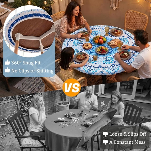 Round Fitted Tablecloth with Elastic Edge Waterproof Wipeable Table Cover for Indoor Kitchen & Dining Room Circle Table Cloth, Fits 36"-44" / 45"-56" Round Tables