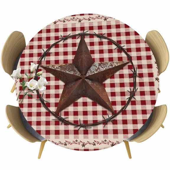 Round Fitted Tablecloth with Elastic Edge, Western Country Stars Fitted Table Cloth for Round Tables, Vintage Red Buffalo Plaid Waterproof Tablecloth for Outdoor Picnic Party 55-60in
