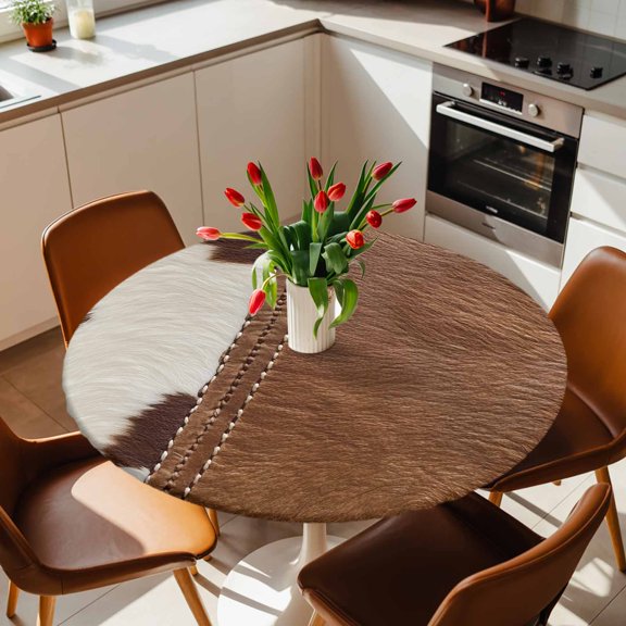 Round Fitted Tablecloth with Elastic Edge, Western Cow Leather Texture Fitted Table Cloth for Round Tables, Abstract Brown White Cow Print Waterproof Tablecloth for Outdoor Picnic Party 36-44in