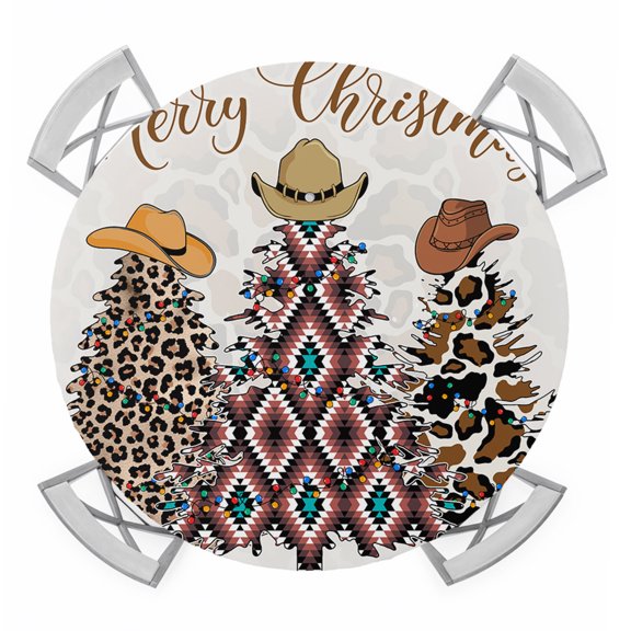 Round Fitted Tablecloth with Elastic Edge, Western Cowboy Christmas Waterproof Table Cloth Table Cover for 36"-44" Tables, Leopard Brown Xmas Tree Tablecloths for Dining Picnic Party Outdoor