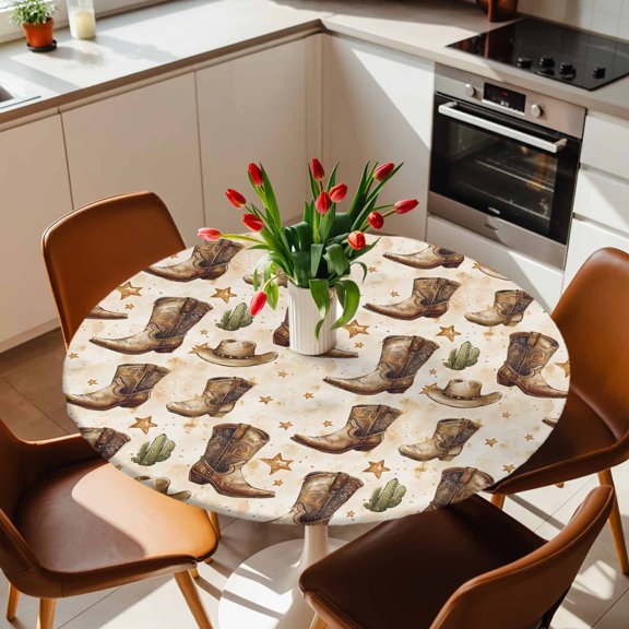 Round Fitted Tablecloth with Elastic Edge, Western Cowboy Desert Fitted Table Cloth for Round Tables, Watercolor Boots Hat Cactus Star Waterproof Tablecloth for Outdoor Picnic Party 36-44in