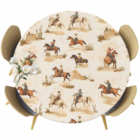 Round Fitted Tablecloth with Elastic Edge, Western Cowboy on Horse Fitted Table Cloth for Round Tables, Watercolor Desert Art Waterproof Tablecloth for Outdoor Picnic Party 55-60in