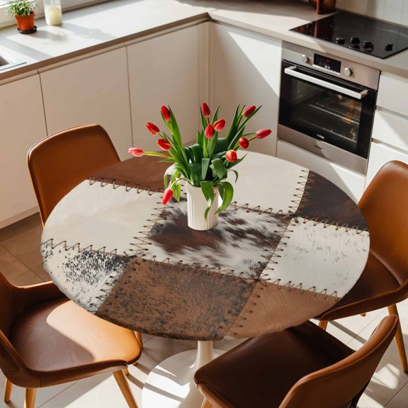 Round Fitted Tablecloth with Elastic Edge, Western Cowboy Square Fitted Table Cloth for Round Tables, Abstract Geometric Art Waterproof Tablecloth for Outdoor Picnic Party 36-44in