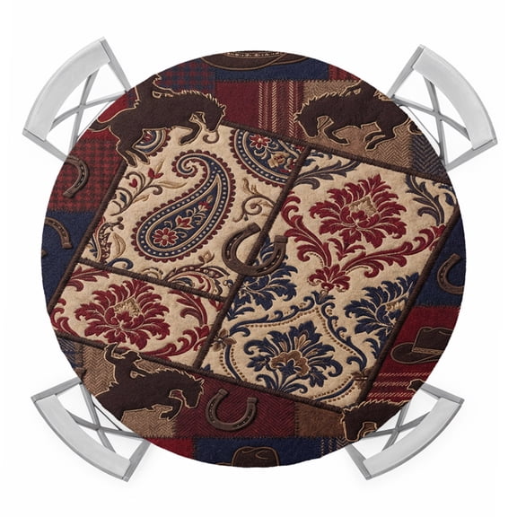 Round Fitted Tablecloth with Elastic Edge, Western Cowboy Waterproof Table Cloth Table Cover for 36"-44" Tables, Country Horse Hat Horseshoe Retro Red Tablecloths for Dining Picnic Party Outdoor
