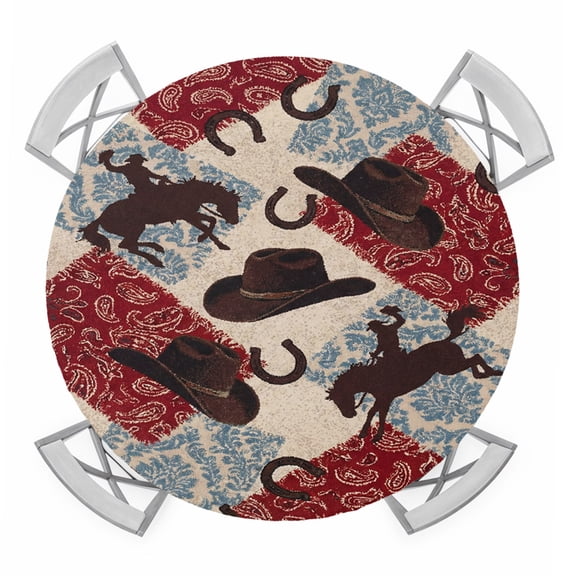 Round Fitted Tablecloth with Elastic Edge, Western Cowboy Waterproof Table Cloth Table Cover for 36"-44" Tables, Country Horse Hat Red Blue Paisley Flower Tablecloths for Dining Picnic Party Outdoor