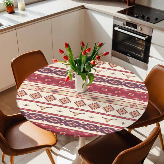 Round Fitted Tablecloth with Elastic Edge, Western Geometric Pattern Fitted Table Cloth for Round Tables, Vintage Ethnic Waterproof Tablecloth for Outdoor Picnic Party 36-44in