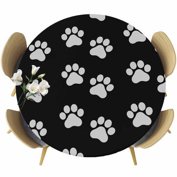 Round Fitted Tablecloth with Elastic Edge, White Animals Footprints Fitted Table Cloth for Round Tables, Paws on Black Background Waterproof Tablecloth for Outdoor Picnic Party 55-60in