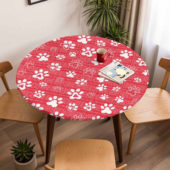Round Fitted Tablecloth with Elastic Edge, White Dog Paw Claws Fitted Table Cloth for Round Tables, Red Plaid Background Waterproof Tablecloth for Outdoor Picnic Party 45-54in