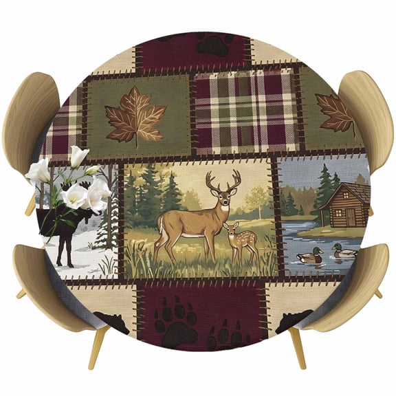 Round Fitted Tablecloth with Elastic Edge, Wildlife Moose Deer Bear Silhouettes Fitted Table Cloth for Round Tables, Animal Plaid Waterproof Tablecloth for Outdoor Picnic Party 55-60in