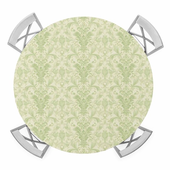 Round Fitted Tablecloth with Elastic Edge, Yellow Baroque Waterproof Table Cloth Table Cover for 45"-54" Tables, Rustic Luxury Damask Scroll Floral Tablecloths for Dining Picnic Party Outdoor
