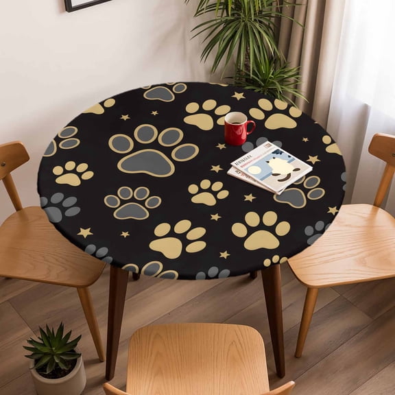 Round Fitted Tablecloth with Elastic Edge, Yellow Gray Cat Paw Cute Fitted Table Cloth for Round Tables, Abstract Animal Footprint Waterproof Tablecloth for Outdoor Picnic Party 45-54in