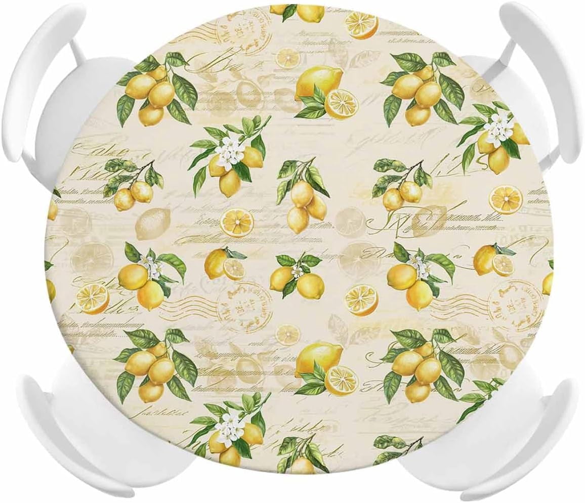 Round Fitted Tablecloth Elastic Edged Table Cover,Summer Farmhouse Lemon on Vintage Stamp Waterproof Wipeable Table Cloths for Kitchen Dining Party Fit up 36"-44" Tables,Rustic Fruit Theme