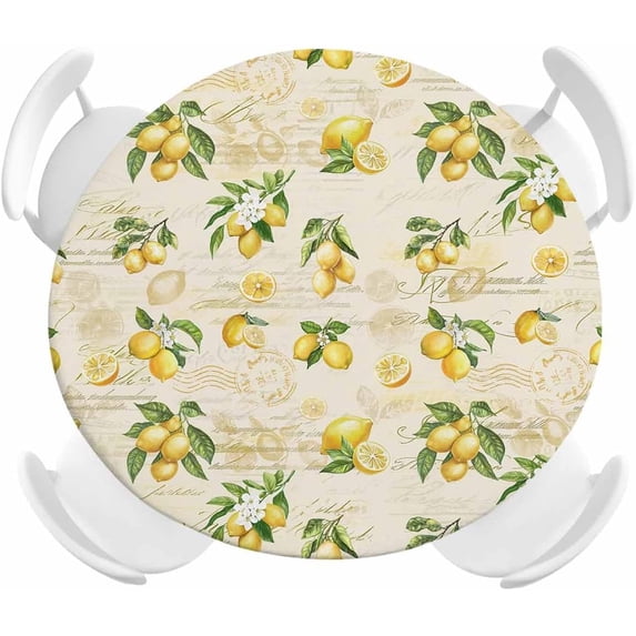 Round Fitted Tablecloth Elastic Edged Table Cover,Summer Farmhouse Lemon on Vintage Stamp Waterproof Wipeable Table Cloths for Kitchen Dining Party Fit up 36"-44" Tables,Rustic Fruit Theme