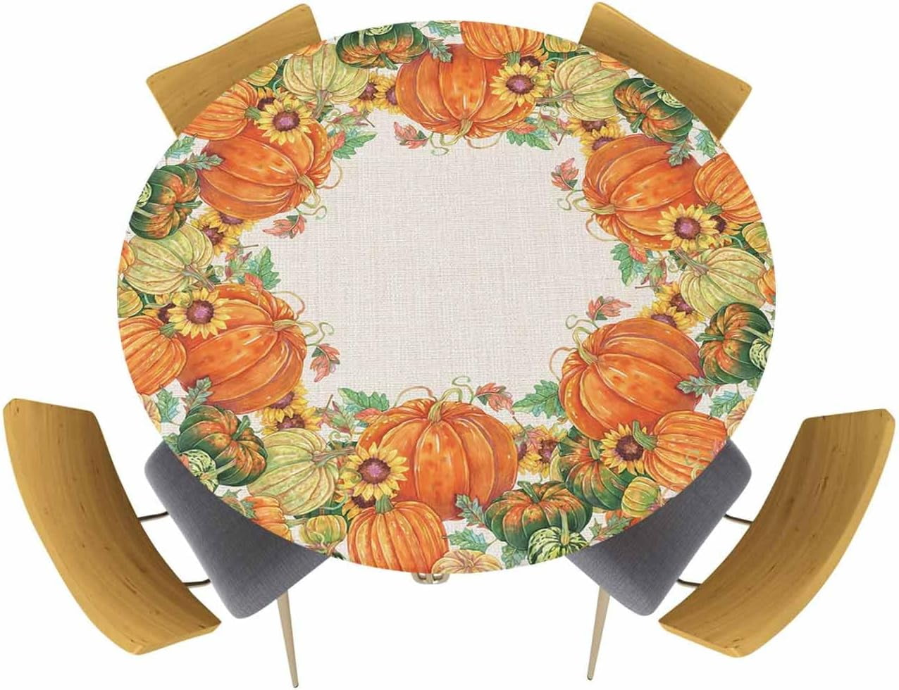 Round Fitted Tablecloth Elastic Edged Table Cover,Thanksgiving Fall Seamless Pumpkin Waterproof Wipeable Table Cloths for Kitchen Dining Party Fit up 36-44in Tables,Watercolor Maple Leaves on Burlap