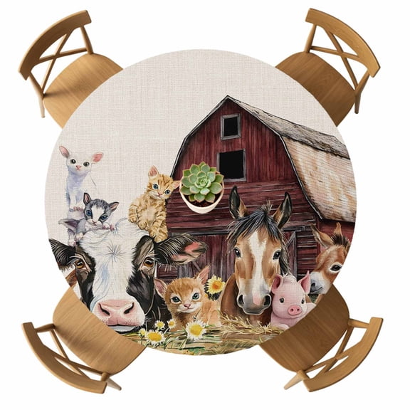 Round Fitted Tablecloth with Elastic Farm Animal Tablecloths Waterproof Oil Proof Barn Cat Horse Pig Cow Table Cover for Kitchen Dinner Holiday Party Picnic Fits Tables up to 36"- 44" Diameter