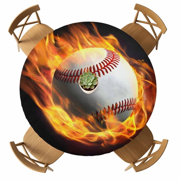 Round Fitted Tablecloth with Elastic Flame Baseball Tablecloths Waterproof Oil Proof Sports Black Table Cover for Kitchen Dinner Holiday Party Picnic Fits Tables up to 36"- 44" Diameter