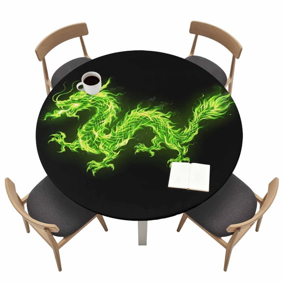 Round Fitted Tablecloth with Elastic Flames Dragon Tablecloths Green Modern Art Patio Table Cover for Kitchen Dinner Party Picnic Decor Indoor Outdoor Fits Tables up to 36"- 44" Diameter