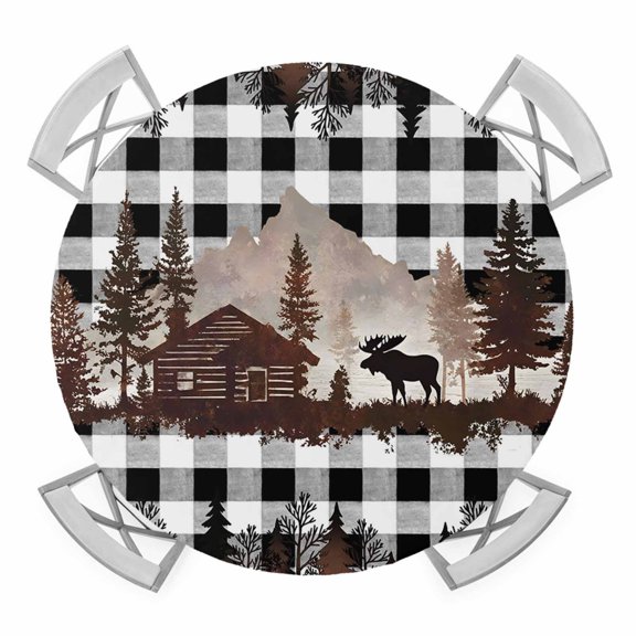 Round Fitted Tablecloth with Elastic Forest Moose Tablecloths Cabin Animal Pine Tree Woodland Plaid Patio Table Cover for Kitchen Dinner Party Picnic Decor Fits Tables up to 36"- 44" Diameter