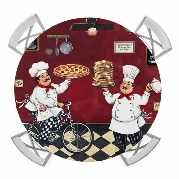 Round Fitted Tablecloth with Elastic Funny Chef Tablecloths Cozy Kitchen Pizza Buffalo Plaid Patio Table Cover for Kitchen Dinner Party Picnic Decor Fits Tables up to 55"- 60" Diameter